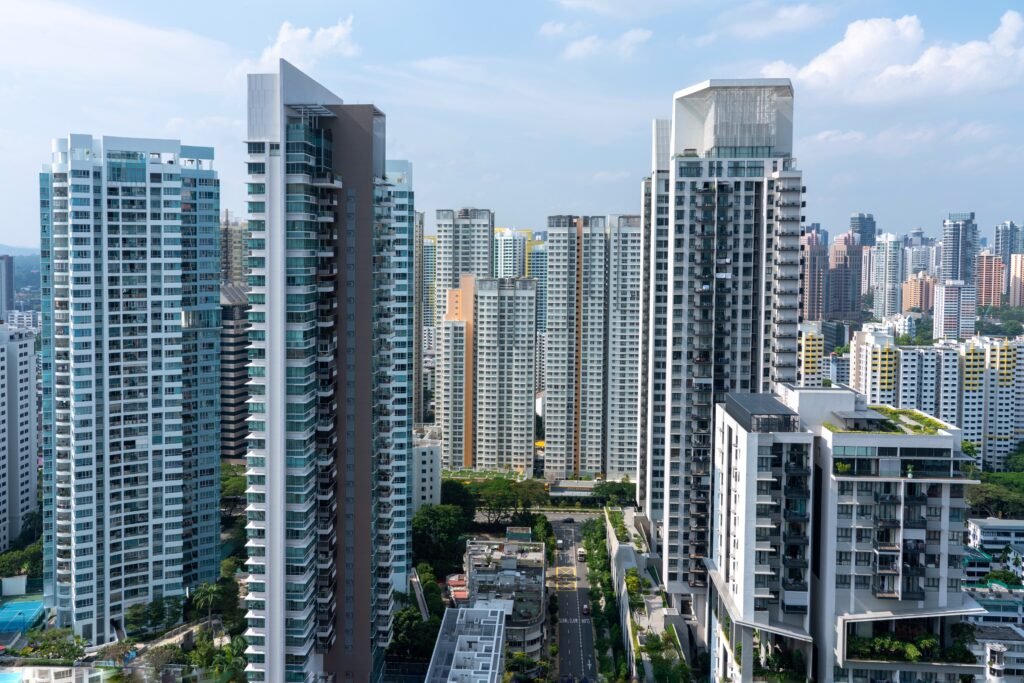 amazing aerial shot of the singapore cityscape with lots of skyscrapers